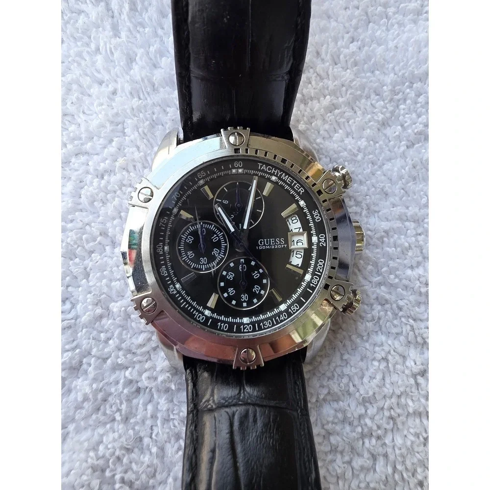 Guess Waterpro Chronograph Mens Watch Black Leather Strap U16518G2 100M Stainles